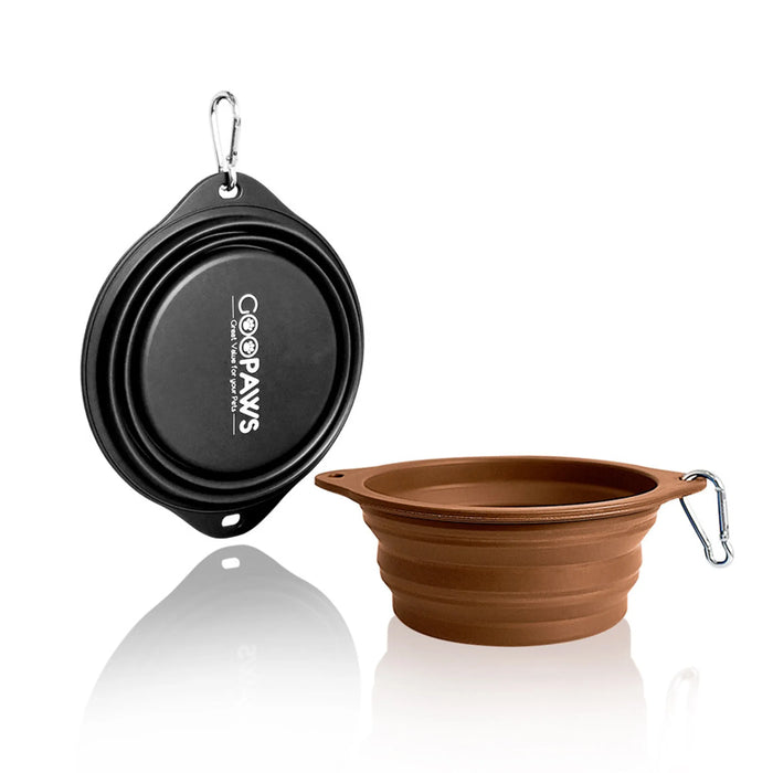 Two collapsible dog travel bowls with carabiners