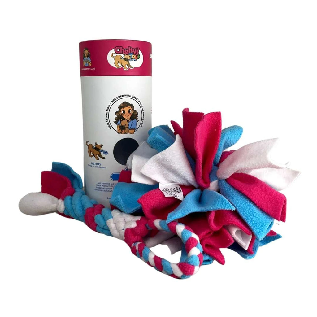 3-in-1 dog enrichment toy for tug, snuffle and treat puzzle play